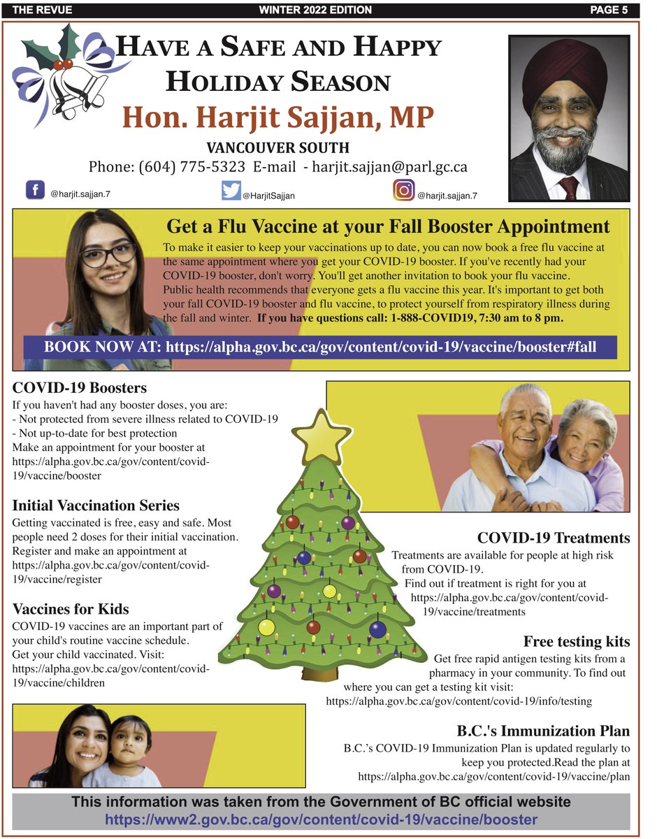 Season’s Greetings from #HarjitSajjan, MP #VancouverSouth. Get a #FluVaccine at your #FallBooster Appt. 
As seen in The Winter 2022 Edition of The REVUE online at revuecommunitynews.com and on Facebook at facebook.com/profile.php?id…

#COVID19 #vaccinations #boostershots