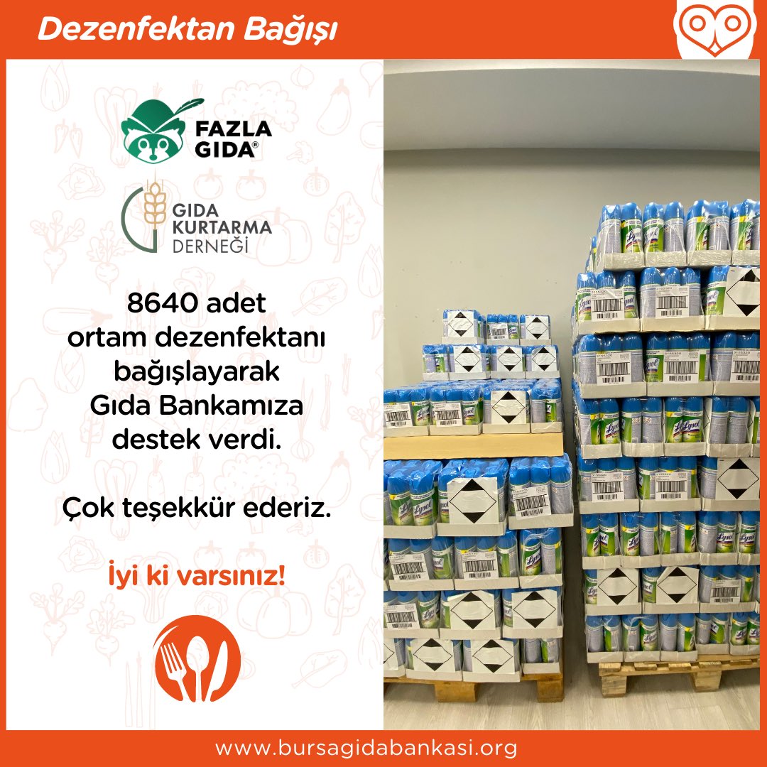 8640 adet ortam dezenfektanı bağışlayarak Gıda Bankamıza destek veren @FazlaGida ve <a href="/GidaKurtarmaDer/">Gıda Kurtarma Derneği</a>’e teşekkür ederiz.

İyi ki varsınız 💙

#GönüllüOlHareketeGeç #GönüllüHareketi #GıdaBankacılığı #BursaGıdaBankası #İsrafaSon #AçlığaSon #YoksulluğaSon #DepodaKalmasın