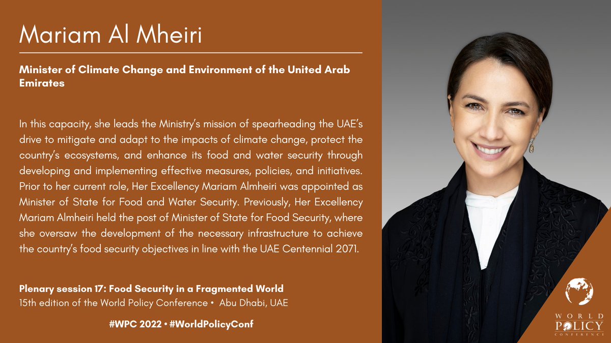 WorldPolicyConf's tweet photo. H.E. @mariammalmheiri, Minister of Climate Change and Environment of the UAE, is now taking the floor.
Follow her intervention on our livestream ➡️⏺️https://t.co/zuVaZf0S4c
#WorldPolicyConf #worldpolicyconference #WPC2022 @IFRI_ https://t.co/ocwh2M4rBr