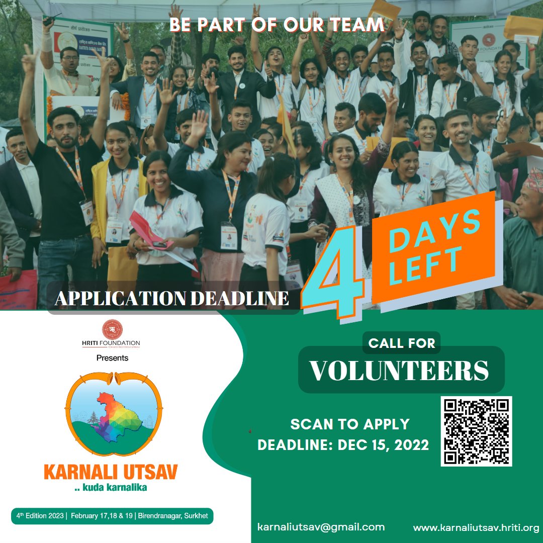 KarnaliUtsav's tweet photo. Application Deadline: #4_Days_Left
Call for Volunteers
Applications are invited from interested youth as volunteers are needed for the 4th edition of Karnali Utsav – Kuda Karnalika.
To Apply: https://t.co/3eKqVWnarg https://t.co/R0A78Fss4O