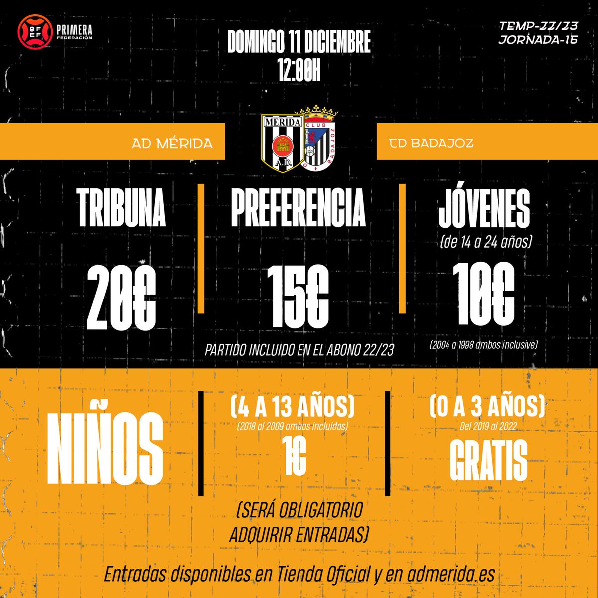 Merida_AD's tweet photo. ℹ️ Las taquillas abrirán a las 10:00 horas
🛒 También puedes adquirir entradas de manera online en: https://t.co/YZkqWWv8eE
#MeridaBadajoz
#ElDerbiExtremeño https://t.co/7KHTnQvXWU