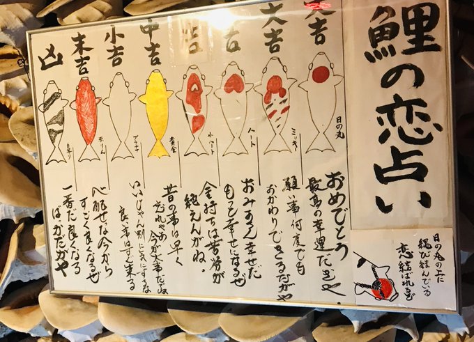 入口で一粒鯉の餌が支給されて、どの鯉が食べるかで占いをするというアトラクション。
白抜きハートの子かわいい。 