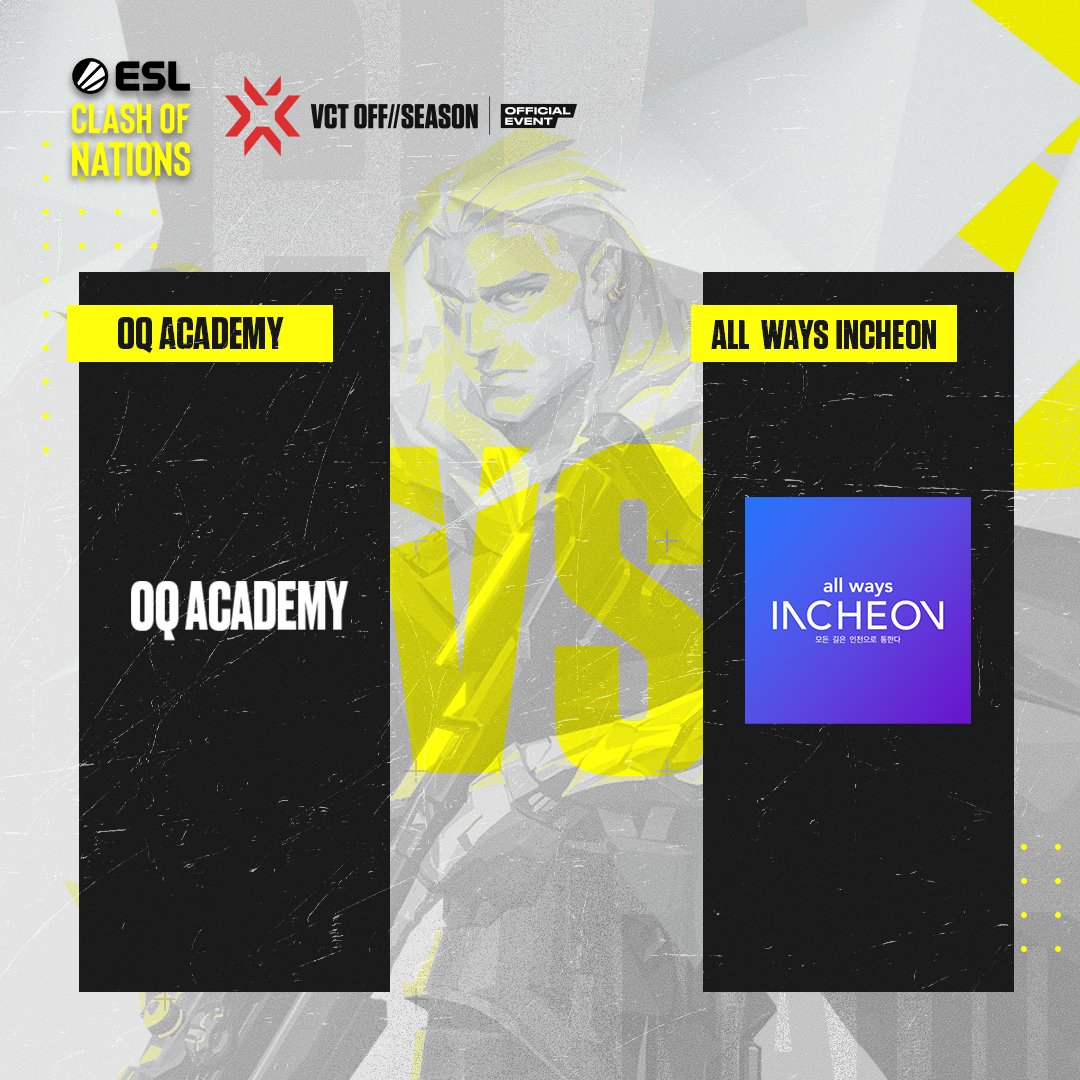 The #ESLClashOfNations JPKR Grand Finals is now LIVE 🚨
Will OQ Academy maintain their winning streak or will <a href="/awi_esports/">All Ways Incheon</a> take the win this round? 👀🔥

Tune in to find out:
📺 twitch.tv/eslvalorant
📺 youtube.com/c/ESLAsia
📺 facebook.com/eslasia1/

#VCTOffSeason #VALORANT