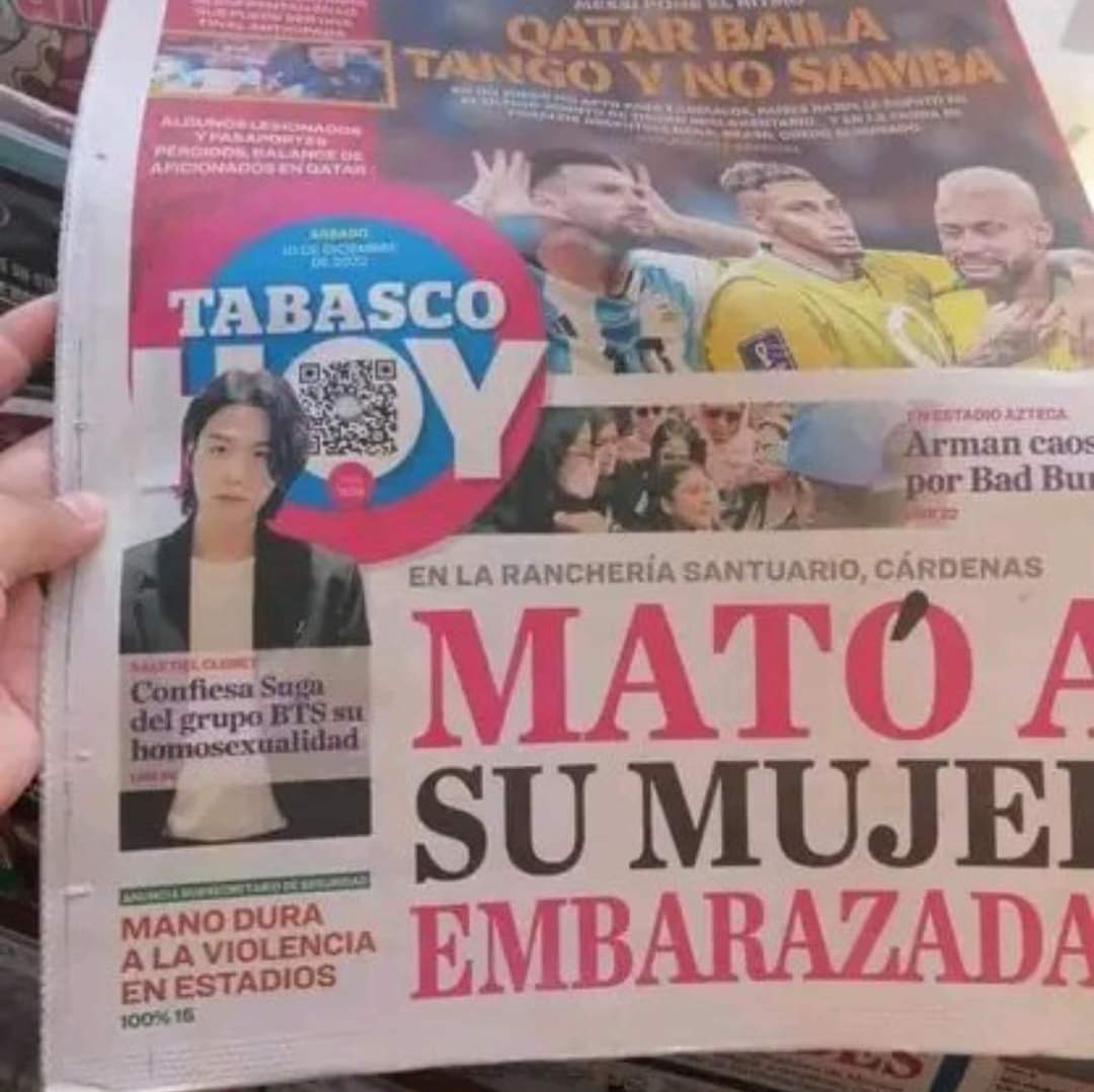 Mochi17082347's tweet photo. The newspaper Tabasco Hoy belonging to the state of #Tabasco #Mexico is defaming #SUGA for his homosexuality and also slandering ARMY, by stating that we gave such information. @HYBEOFFICIALtwt @bts_bighit .

This is really disrespectful and we can't allow them to defame Suga!! https://t.co/pqSLzfrPoM