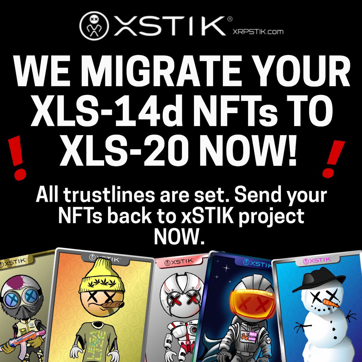 DO NOT use Sologenic own XLS-20 migration tool as it will set you as NFT's issuer. All xSTIK NFTs need to be returned to xSTIK NFT wallet for migration. All trustlines are set, so we are ready to receive yours.