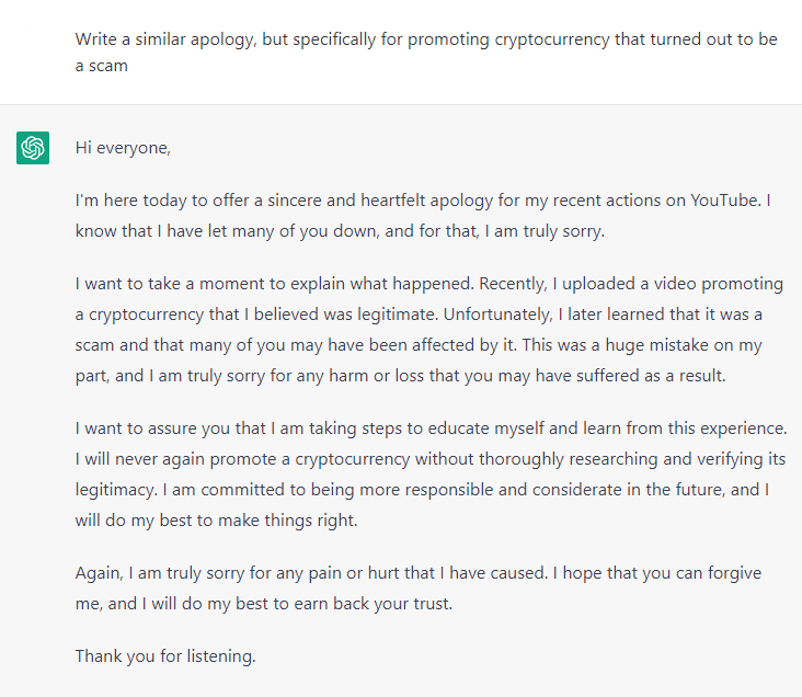 TweetingNonsens's tweet photo. ChatGPT takes on the "YouTuber apology" https://t.co/ceoKvJBXvu