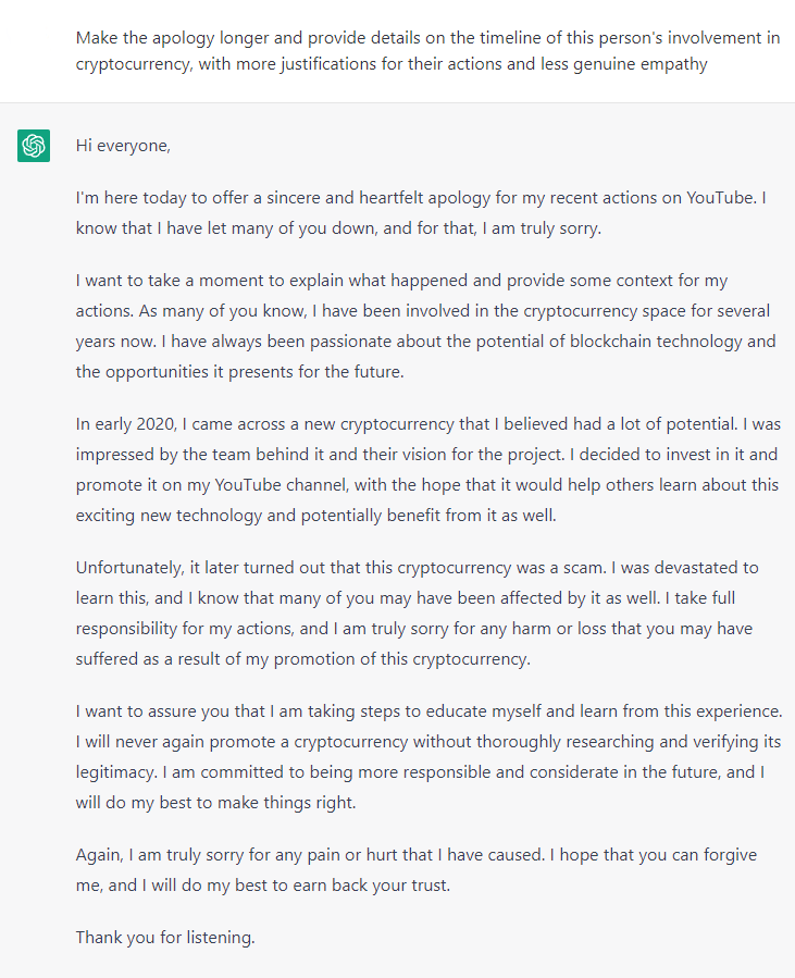 TweetingNonsens's tweet photo. ChatGPT takes on the "YouTuber apology" https://t.co/ceoKvJBXvu