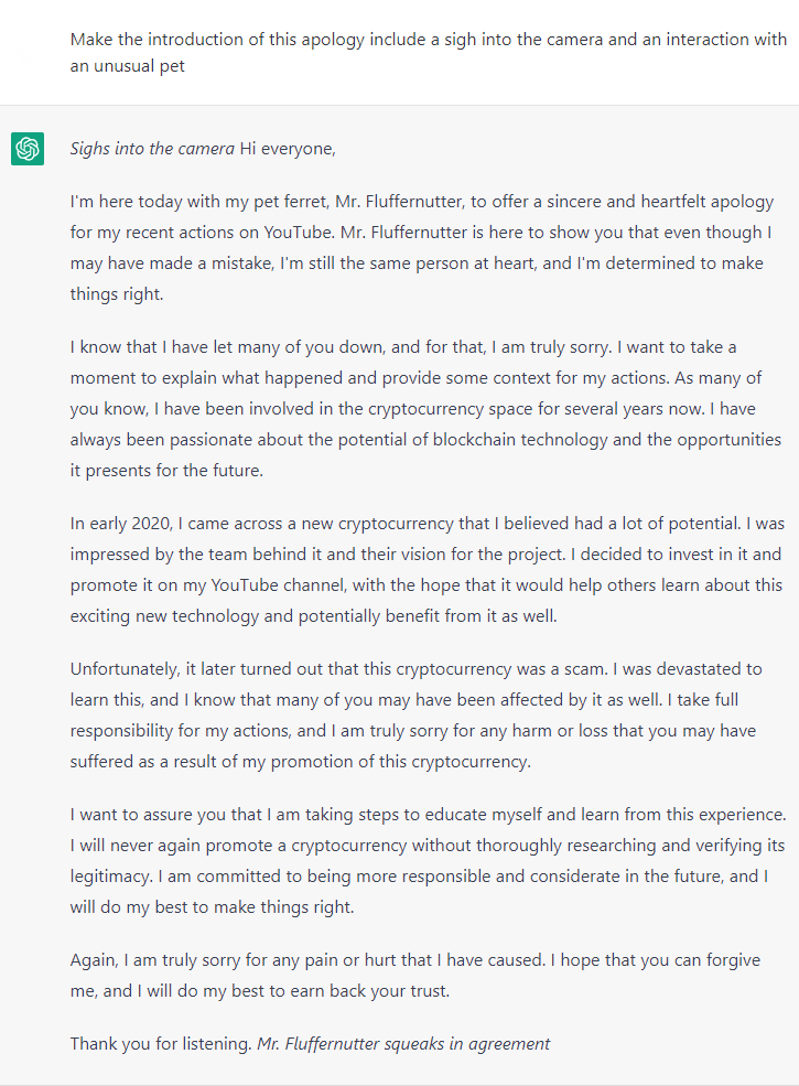 TweetingNonsens's tweet photo. ChatGPT takes on the "YouTuber apology" https://t.co/ceoKvJBXvu