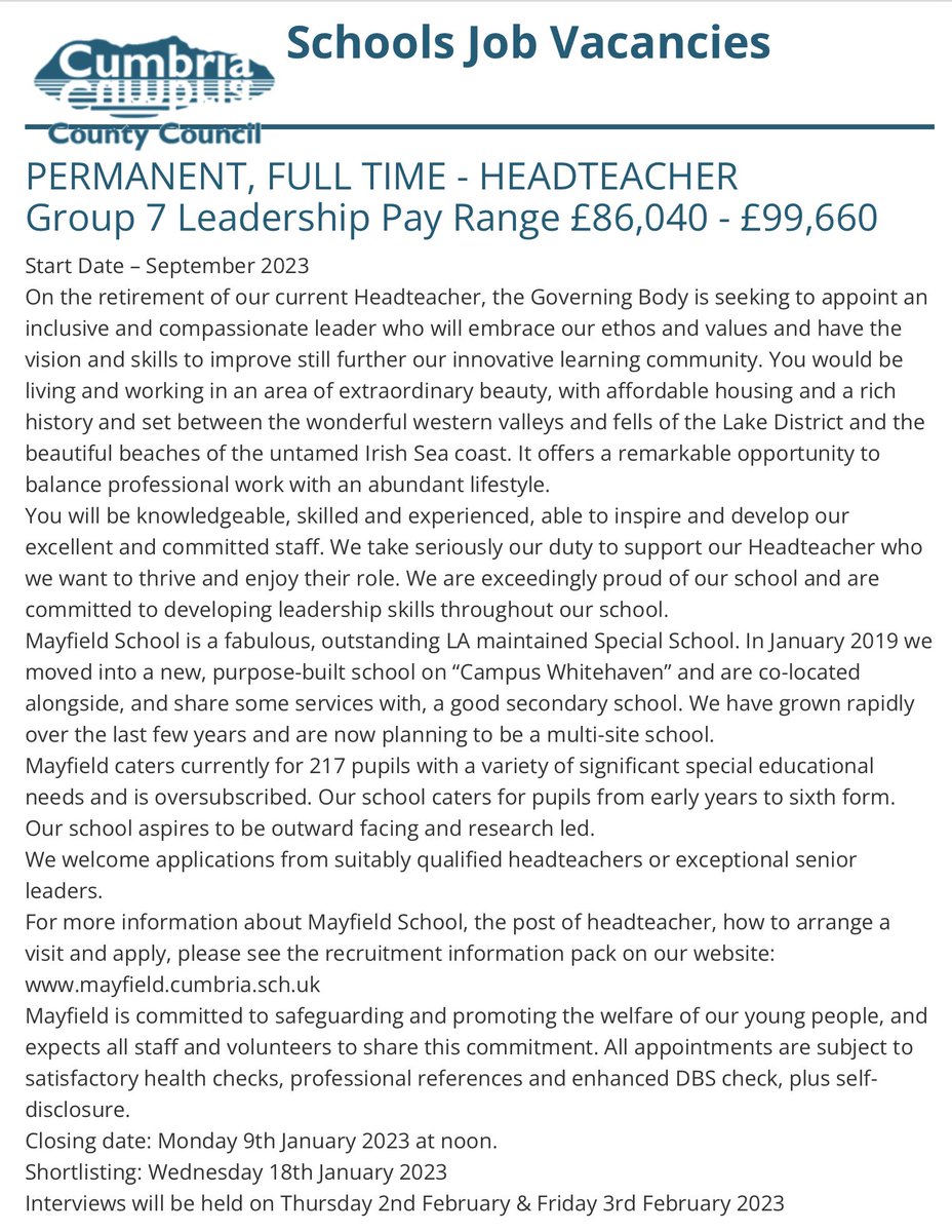 We are recruiting……Are you the person we are looking for.. ?  
See our website for more details.  mayfield.cumbria.sch.uk