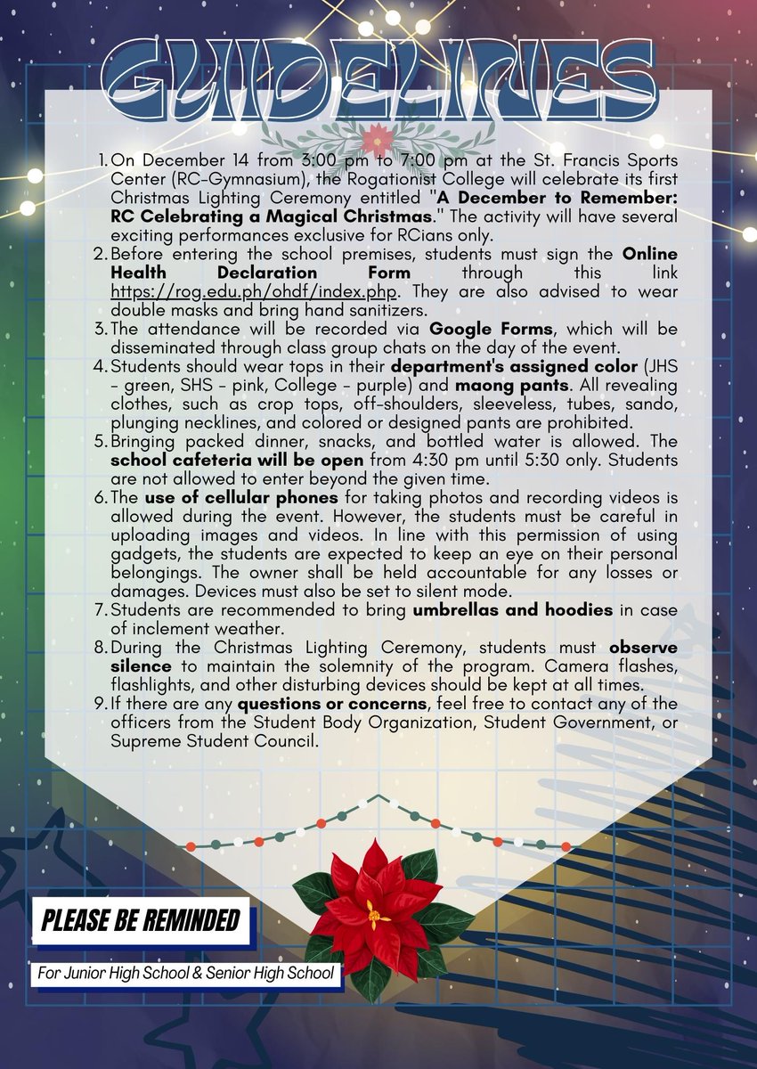 RCSHS_SG's tweet photo. On the 14th of December, Rogationist College invites you to its first Christmas Lighting Ceremony, "𝐀 𝐃𝐞𝐜𝐞𝐦𝐛𝐞𝐫 𝐭𝐨 𝐫𝐞𝐦𝐞𝐦𝐛𝐞𝐫: 𝐑𝐂 𝐂𝐞𝐥𝐞𝐛𝐫𝐚𝐭𝐢𝐧𝐠 𝐚 𝐌𝐚𝐠𝐢𝐜𝐚𝐥 𝐂𝐡𝐫𝐢𝐬𝐭𝐦𝐚𝐬.” 🎄💙 Here are the important reminders to be observed during the event. https://t.co/i81dl3RqQv