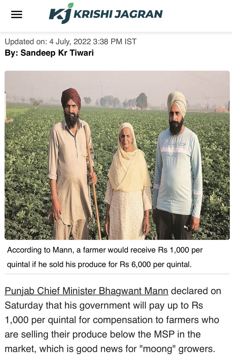 SukhpalKhaira's tweet photo. Yet another failure &amp; false promise of @BhagwantMann exposed as farmers who sowed Moong on his assurance have been deceived! Of 5.50 Lac Quintal crop only 11% purchased at 7275 Msp rest 89% distress sale at 3-4K per quintal. @Kisan_Congress will shortly agitate to get full Msp. https://t.co/Dbw9Jp4c9v