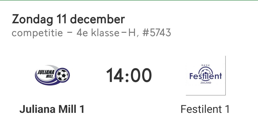 MATCHDAY!
De wedstrijd Juliana Mill tegen <a href="/rksvfestilent/">R.K.S.V. Festilent</a> begint vanmiddag om 14.00 uur! Tot vanmiddag op sportpark Juliana ICT Verweijen. 
#julianamill #henkdehoogtribune