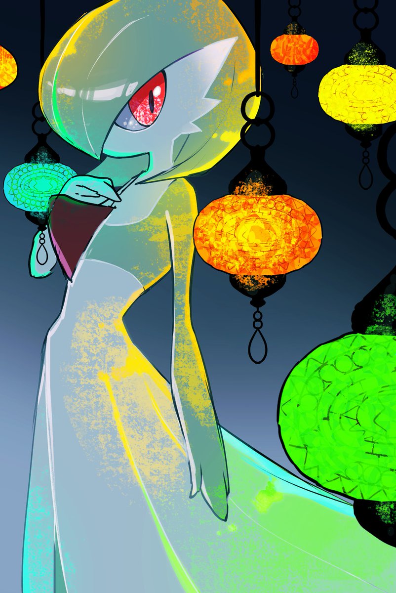 gardevoir solo green skin red eyes green hair pokemon (creature) hand up colored skin  illustration images