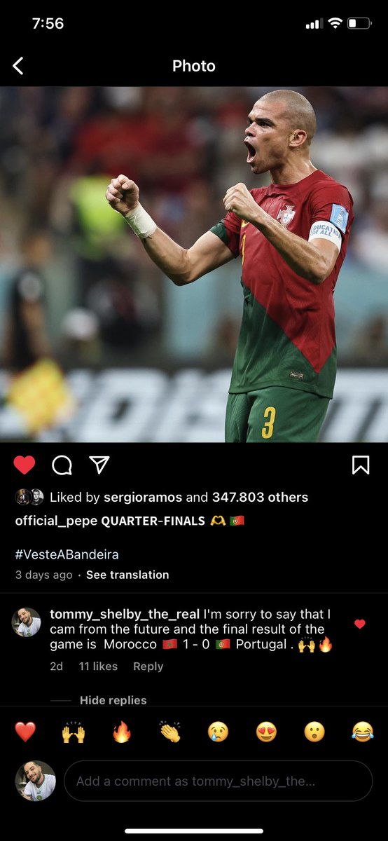 amineltk96's tweet photo. My comment two days before the match on Pepe's post 😂 @officialpepe #المغرب_البرتغال #FIFAWorldCup #CristianoRonaldo #football #Morocco #المغرب https://t.co/Nd7qfLbv68