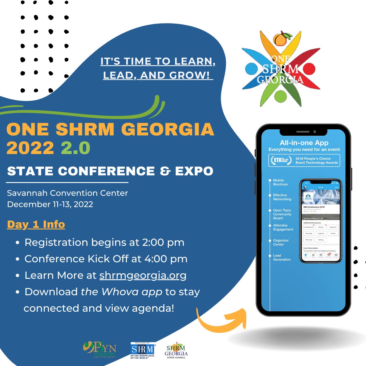It's Time! We are excited to welcome you to the 2022 SHRM Georgia State Conference and Expo 2.0 - Together: Learn, Lead & Grow! Learn more at shrmgeorgia.org and download the Whova app today! #shrm #shrmgeorgia