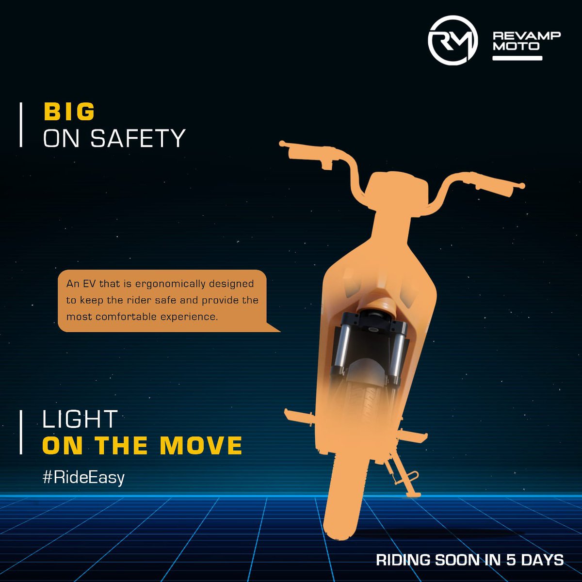 Pritesh_Revamp's tweet image. “Tabh ke scooters me loha hua karta tha.”

It&apos;s time to evolve from those days with revamped ride and handling.

A solid blend of durability and balance makes every #RideEasy. Be ready to experience the innovation #RideEasy in 5 days.

#ReimagineEV #BuiltToAdapt #RevampMoto