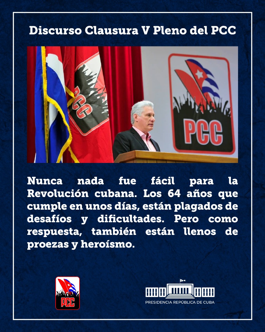 <a href="/DiazCanelB/">Miguel Díaz-Canel Bermúdez</a> "Nothing has ever been easy for the Cuban Revolution. The 64 years it celebrates in a few days are full of challenges and difficulties. But in response, they are also full of prowess and heroism." <a href="/ArzuagaReyes/">Ángel Arzuaga Reyes, Embajador de Cuba en RD</a>