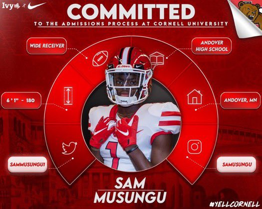 samusungu's tweet photo. Thanks to everyone who has help me get to this point and for God for this amazing opportunity. With that being said, I’m blessed to announce my commitment to Cornell University!!  🐻🔴 https://t.co/QwsmbWVN3x