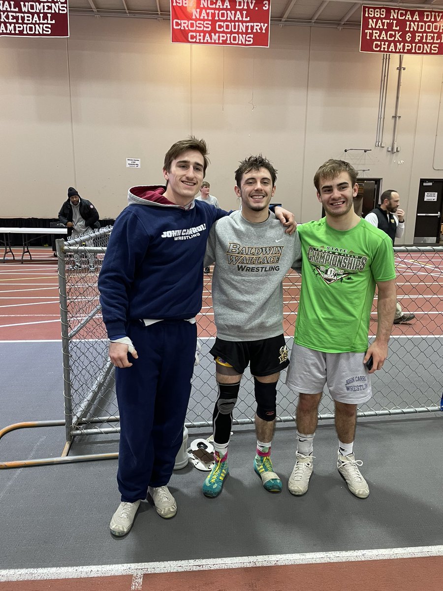 SIHSwrestling's tweet photo. A couple #MatCat wrestling alums competing at the North Central tournament in IL for @JCUwrestling and @_BW_Wrestling. @patrickcmcgraw ‘19, @JohnnyNovak7 ‘20, and Anthony Santagata ‘21. #GoCats @SIHSSports https://t.co/SwEdIeUpyM