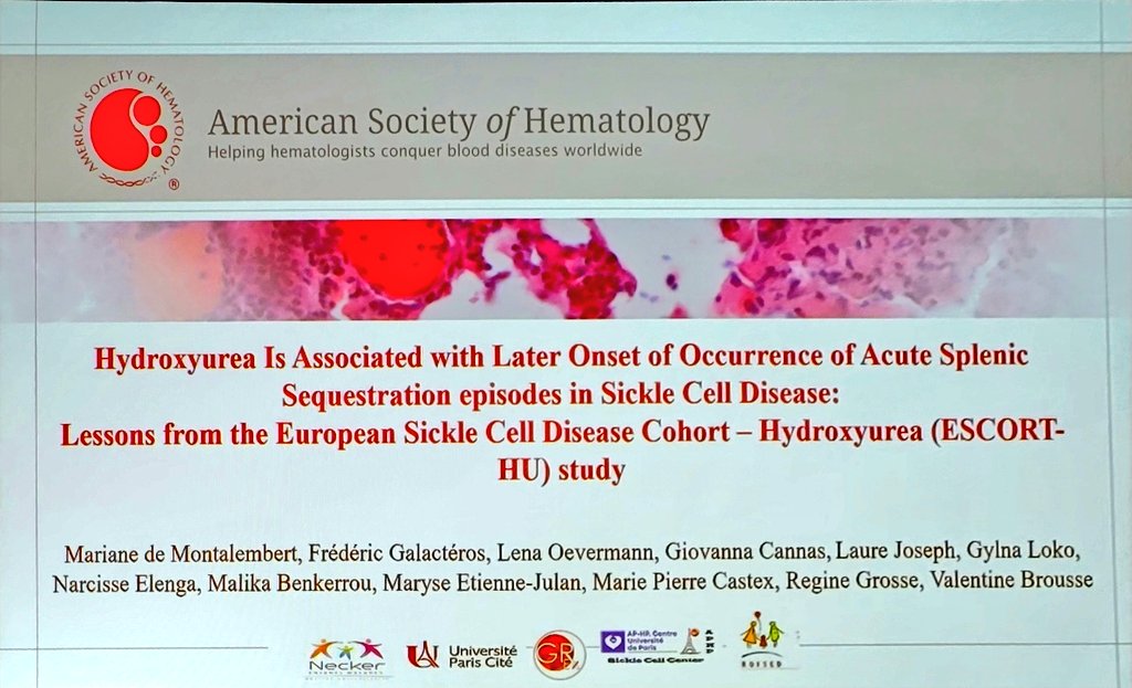 Dr Montalambert reports splenic sequestration in children with HbSS on #hydroxyurea occurs later than in untreated pts, ~1.4 ➡️ 6.8yrs in ESCORT-HU

Important demographic shift of this life-threatening complication traditionally affecting toddlers w #sicklecell #ASH22