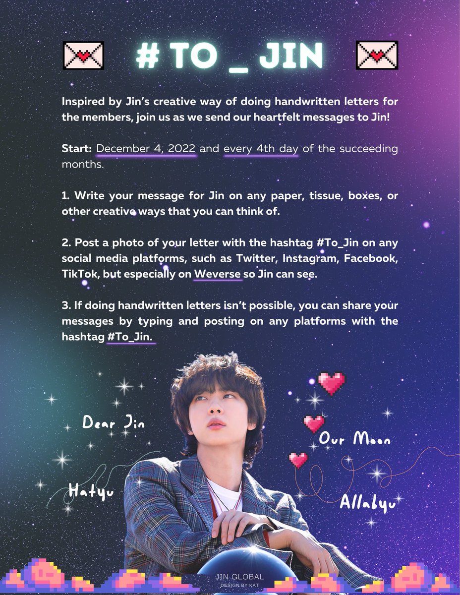 jinniesarchives's tweet photo. Post your #To_Jin messages 🫶 May it be handwriting or twitter post, let's shower him with love throughout this month!

WE LOVE YOU JIN
WE WILL WAIT FOR YOU JIN
#WeLoveJin https://t.co/FCuUCwGhpY