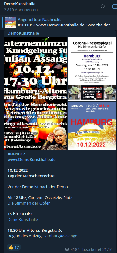 AfaNord's tweet photo. #Querdenker nahmen an #Assange-Laternenumzug #HH1012 in #Hamburg u.a. mit #Ballweg-Plakat teil & riefen zur Filmvorführung am #HH0912 im W3 von #Attac & "Hamburg4Assange" auf. Die Gruppe bewarb am #HH1210 verschwörungsideologisch geprägte #NachDenkSeiten.
https://t.co/Vhxf0VGNKa https://t.co/Rksu4AdgaY