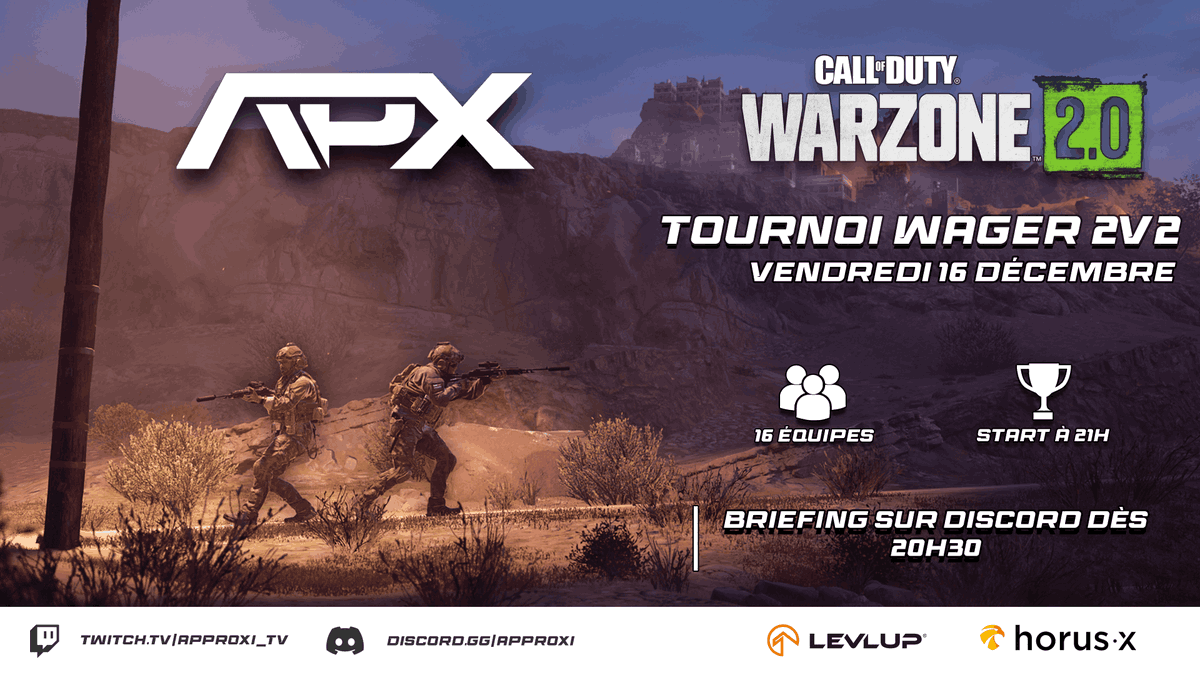 ApproxiEsport's tweet photo. 🏆TOURNOI WARZONE 2.0🏆

Venez vous affronter dans le deuxième #tournoi que nous organisons ! 🔫

⚔️ Wager 2V2 KillRace
📅 Date : 16/12/2022
🕘 Briefing : 20h30

Inscription sur notre discord : https://t.co/pVZkNXDfao

@HorusX_Gaming @levlupfr

#Warzone2 #MW2 #competition #gaming https://t.co/pydpIayEYL