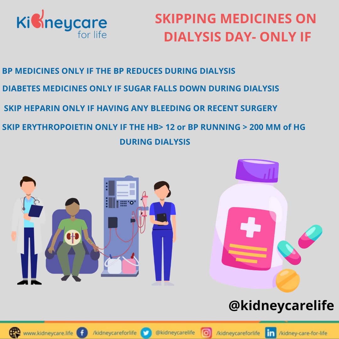 Sometimes it is important to skip medicines on dialysis day, by the #dialysis patients. Here are some known situations. Talk to your technician, and keep him/her updated with your blood reports. #kidneycarelife #kidneyawareness #kidneyhealth #bp #heparin #diabetes #nephro