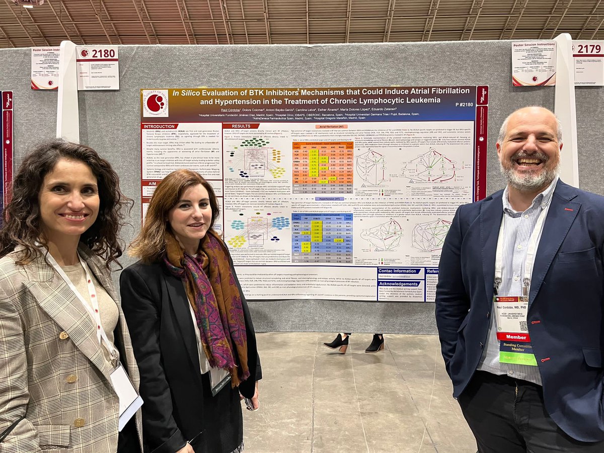 DrRaulCordoba's tweet image. #ASH22 Proud of this work of in silico BTK inhibitors evaluation mechanisms that can induce Atrial fibrillation and hypertension in the treatment of CLL Poster 2180 
#CardioOnc #lymsm