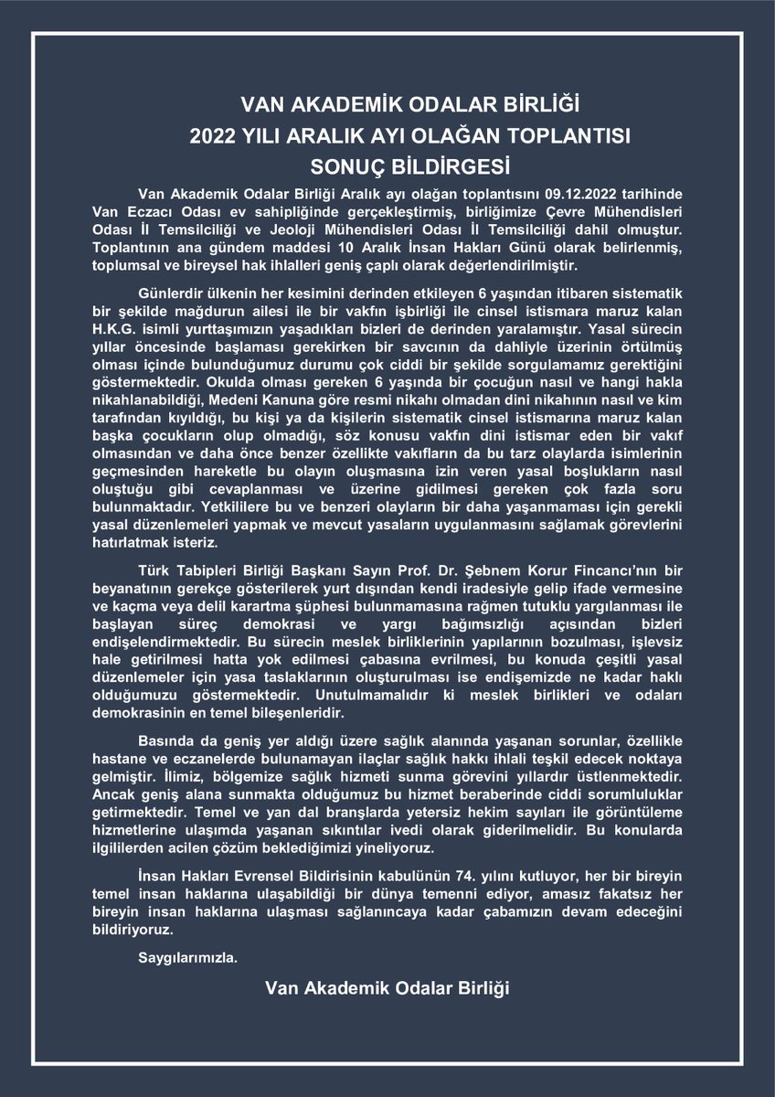 Aralık ayı olağan  toplantımızı gerçekleştirdik. Sonuç bildirgemiz ektedir. 
Kamuoyuna saygılarımızla sunarız.