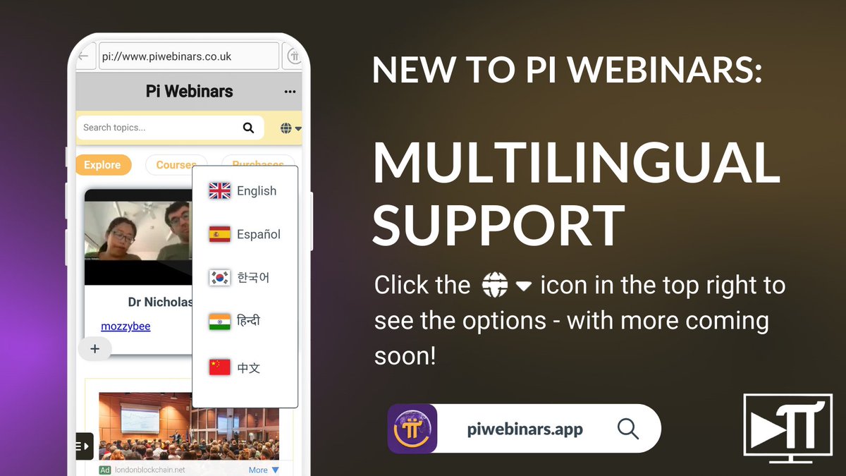 pi_webinars's tweet photo. We've added multilingual support to Pi Webinars! 

Go to https://t.co/XJVbVHuYPx now to rediscover it in your preferred language, currently supporting English, Español, 한국어, हिन्दी, 中文 and many more coming soon.

Please comment any languages you'd like to see added. https://t.co/1nQYGDOtX6