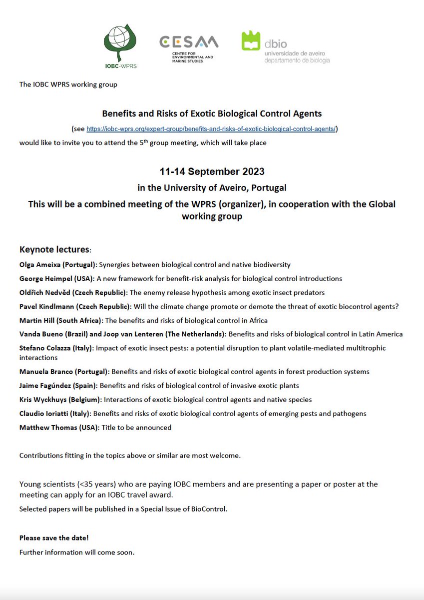 IOBC-WPRS (@iobc_wprs) on Twitter photo First announcement of the combined meeting of the IOBC-WPRS and <a href="/IOBC_Global/">IOBC-Global</a> Working Groups "Benefits and Risks of Exotic Biological Control Agents", next year in Aveiro, Portugal.
iobc-wprs.org/.../5th-meetin…
#biologicalcontrol #exotic #meeting First announcement of the combined meeting of the IOBC-WPRS and <a href="/IOBC_Global/">IOBC-Global</a> Working Groups "Benefits and Risks of Exotic Biological Control Agents", next year in Aveiro, Portugal.
iobc-wprs.org/.../5th-meetin…
#biologicalcontrol #exotic #meeting