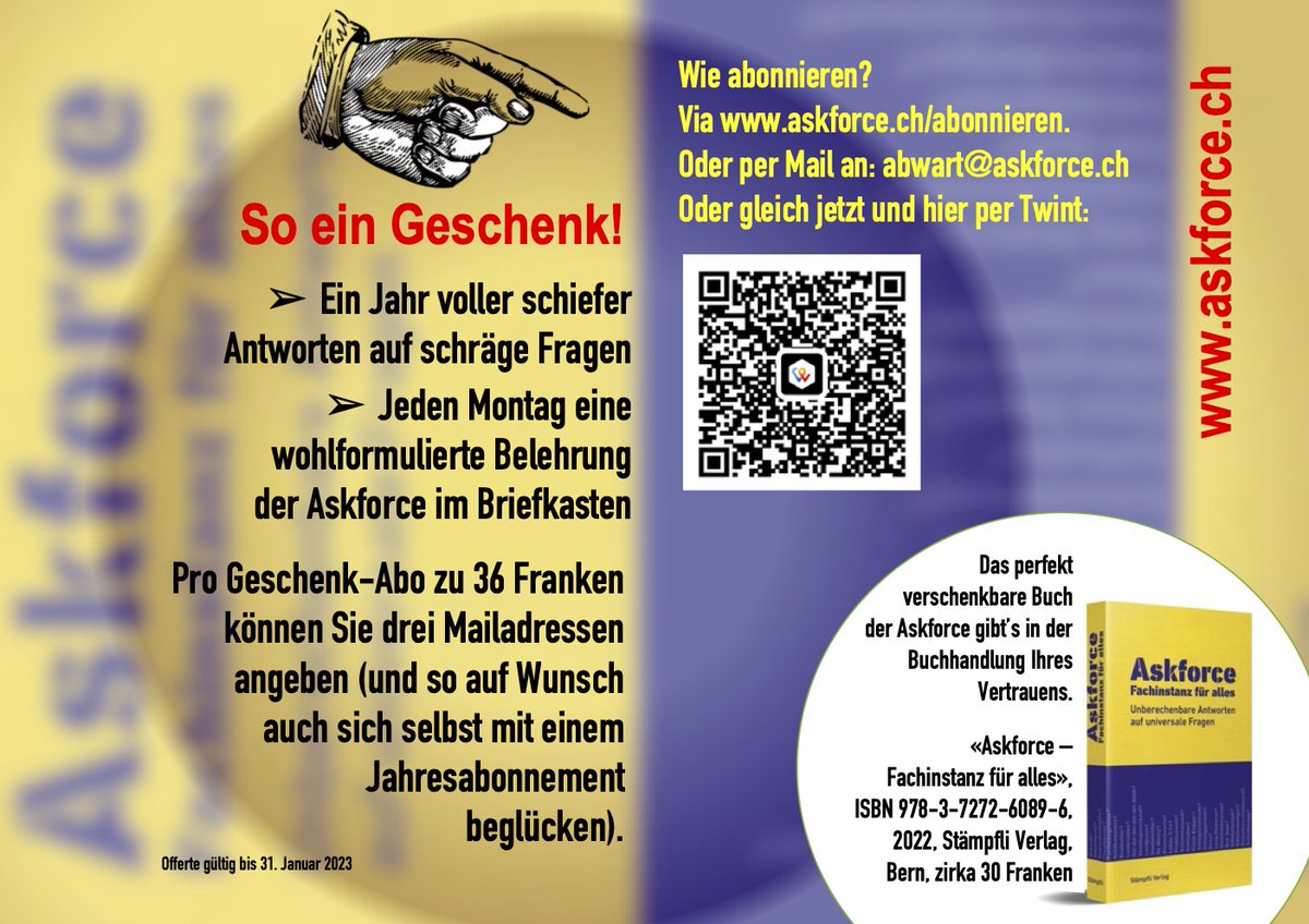 Et voilà! Der nützliche Tipp der Askforce für ein Weihnachtsgeschenk, das nicht stinkt, nicht rumliegt, nicht ranzig wird – und höchstens ein bisschen reizt. askforce.ch/abonnieren