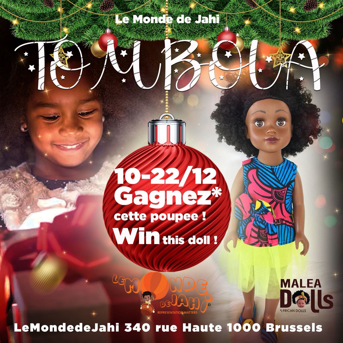 🎄TOMBOLA🎄
From 10 to 22/12 win a doll for Christmas!
🌟From 50 euros of purchase in the shop located at 340 rue Haute in 1000 Bxl, receive a raffle ticket.*Restricted to Belgium.🕜 open 7/7 in dec from 10:30 am -6:30 pm ( 4:30 pm on Sun)

 #RepresentationMatters #BlackDoll