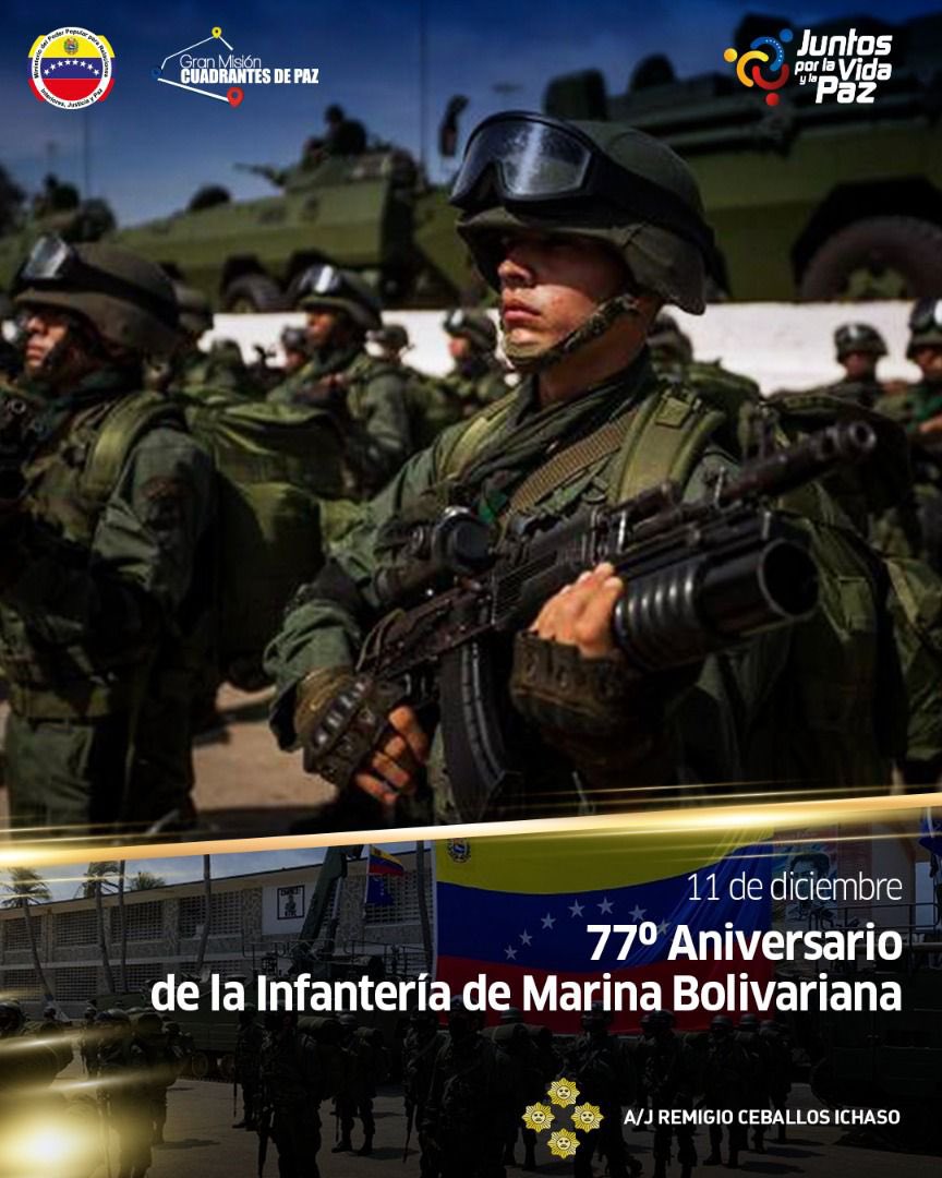 🇻🇪 Felicitaciones en su 77° Aniversario a nuestra Gloriosa Infantería de Marina Bolivariana; Herederos de las glorias patriotas <a href="/ArmadaFANBVzla/">Armada_ve</a>, su sacrificio y lealtad, garantizan y fortalecen a la FANB como garante de la soberanía e independencia nacional.

¡BZ <a href="/AB_COMANDOIMB/">Infantería de Marina Bolivariana</a>!