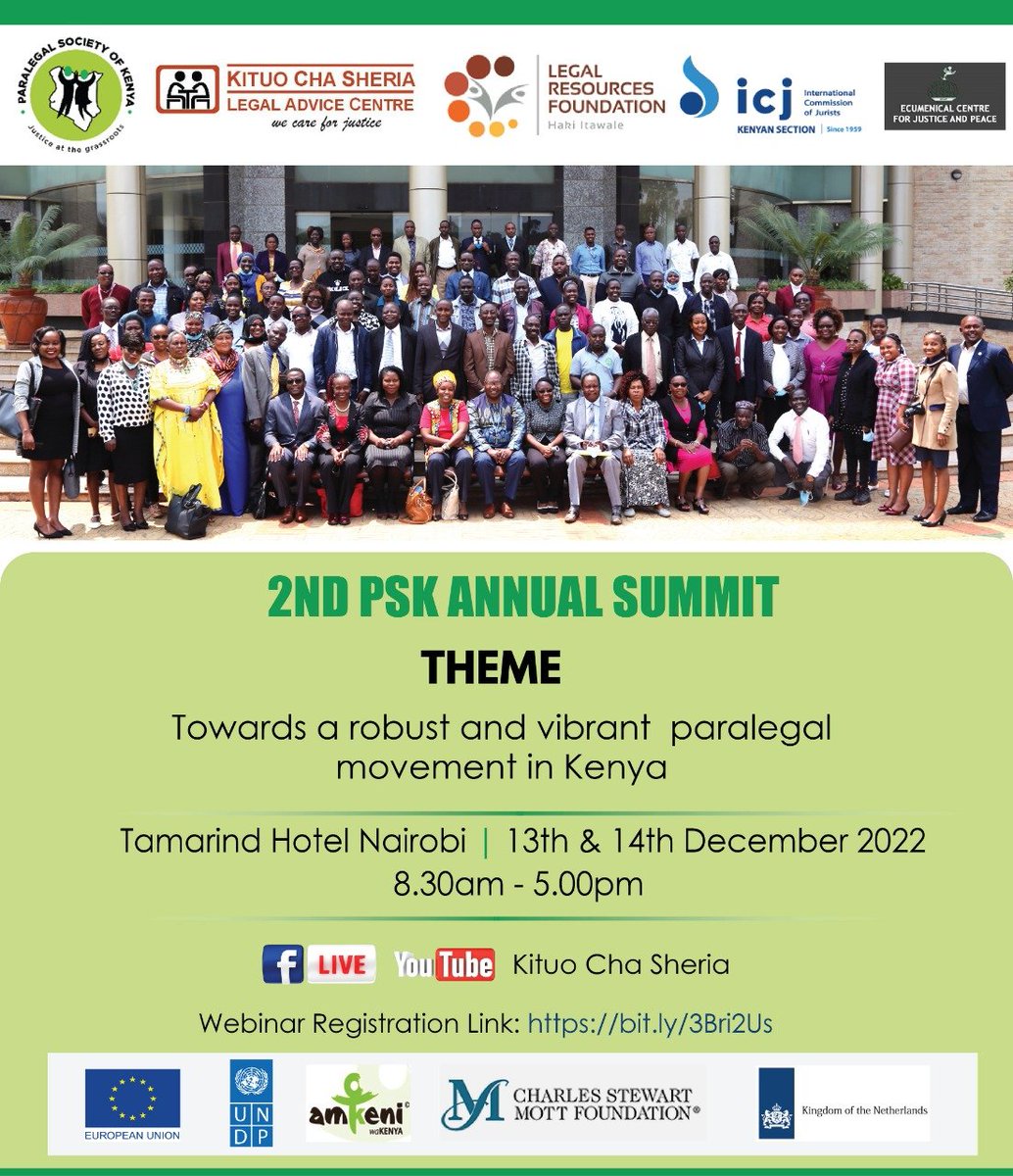 lrf_ke's tweet photo. 2nd PSK (Paralegal Annual Summit) is here. Register and let us celebrate Paralegal Movement growth in Kenya. https://t.co/uvpVvbp3Hf