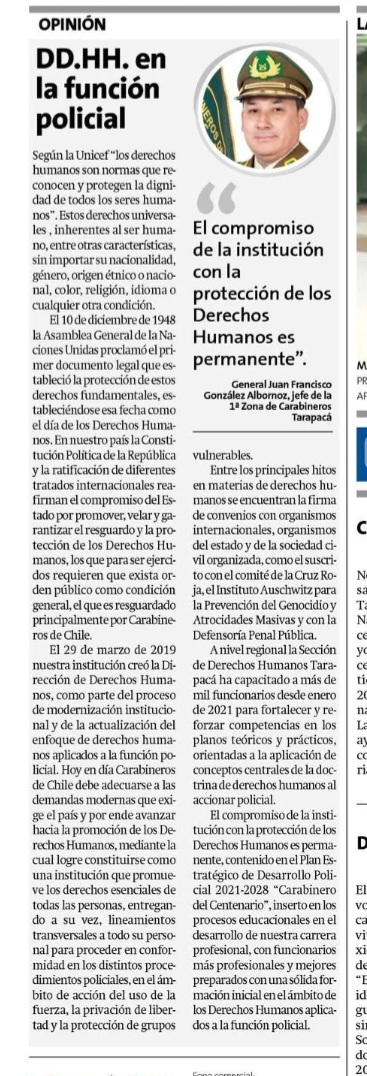 camicastillo90's tweet photo. Buena columna del General González de @CarabTarapaca destacando la obligación de protección de los Derechos Humanos como una cuestión permanente, transversal y necesaria en el fortalecimiento de la institución. #MesDeLosDDHH
#Iquique #AltoHospicio #Tarapacá https://t.co/eQhYgoZ4OG