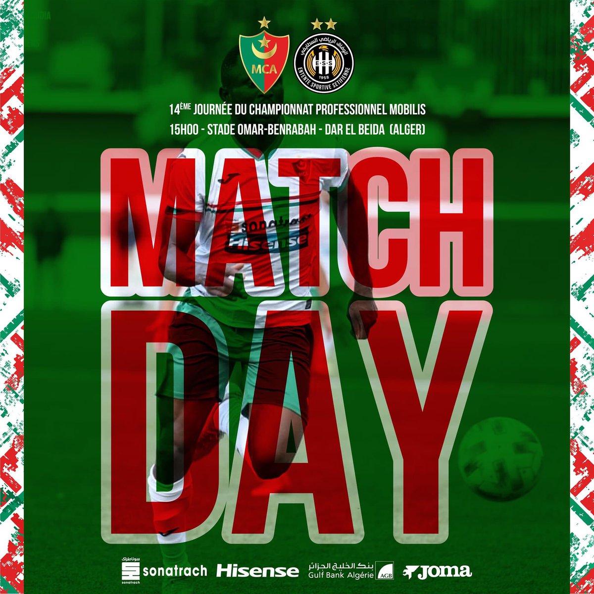 MCA_Insider's tweet photo. 🏆 @AlgeriaLfp - MD 14
🆚 @essetifienne
📅 Sunday, December 11th 2022
🕔 03:00pm 🇩🇿
🏟️ Omar Benrabah Satdium
📺 Canal Algérie
#MCAvsESS
#WeAreMCA 🟢🔴
#MCA101 https://t.co/g3S0U2fAKU