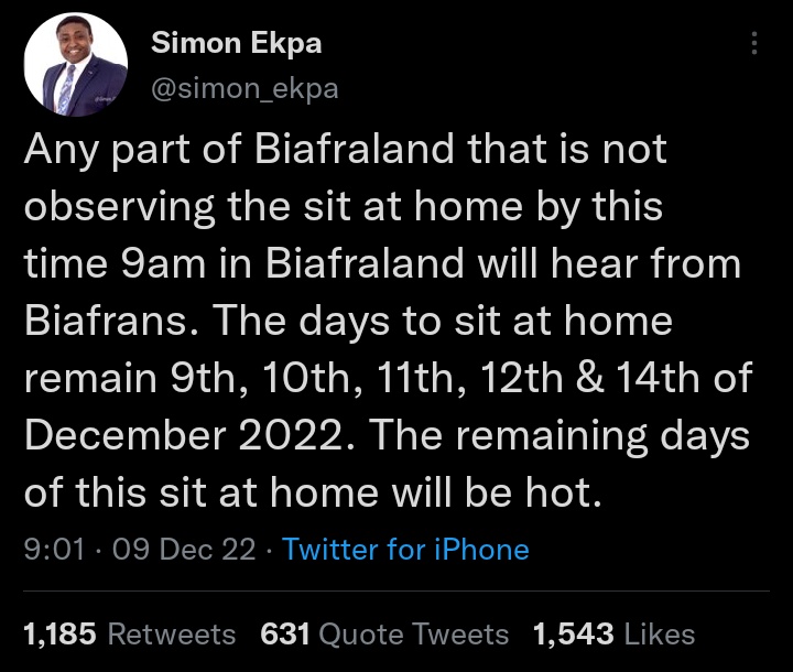 _ikemba's tweet photo. The @FinGovernment should act now &amp; arrest an acclaimed citizen, Mr Simon Ekpa, who has openly called for terrorism against the Igbos in Nigeria. Scores were killed &amp; maimed in Enugu state by his followers on 10th Dec 2022. Many lost their means of livelihood. @HelsinkiPoliisi 1/ https://t.co/21prnbHfgK