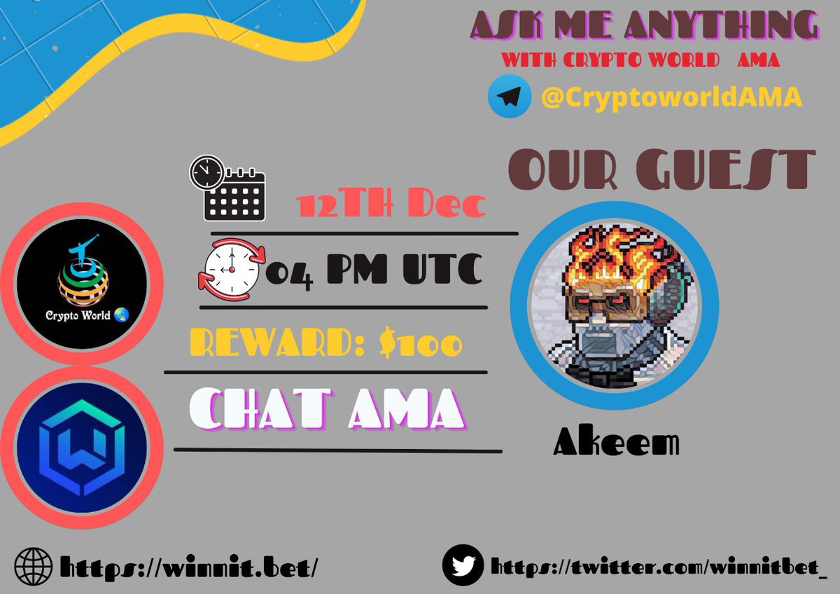 zaidullah0's tweet photo. 🎙️We're Excited to announce our next #Chat_AMA with winnit bet on 12 Dec at 4:00 PM UTC
💰Rewards Pool: $100
🏠Venue : https://t.co/U0nWQYtF1L
〽️Rules:
1⃣ Follow @CryptoWorldAMA & @Winnitbet_ 2⃣ Like & RT
3⃣ Comment Max 3Questions & Tag3 Friends
#Airdrop #BSC https://t.co/PdHOGMGcza