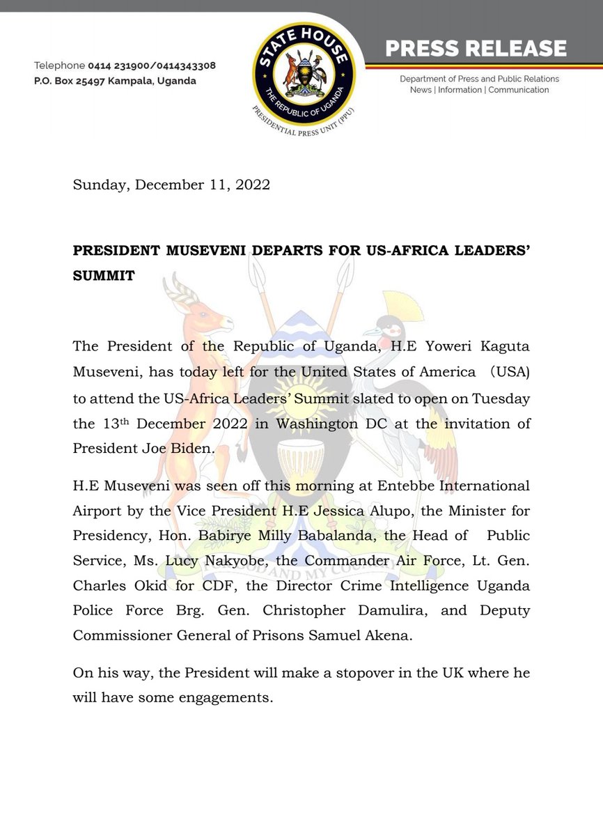 nbstv's tweet photo. President Museveni has this morning, at the invitation of President Joe Biden, left for the United States of America to attend the US-Africa Leaders' Summit. 

Details 👇🏼

#NBSUpdates https://t.co/6UhuK0j8id