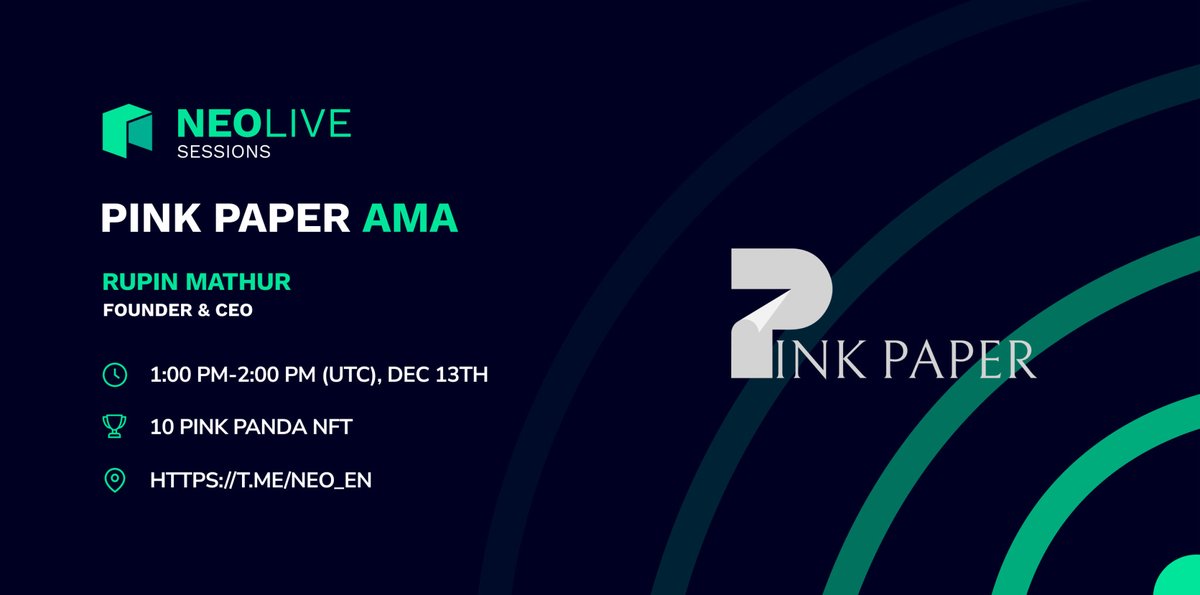 Neo_Blockchain's tweet photo. Join the Neolive AMA with Pink Paper
🎁Prizes: 10 Pink Panda NFTs (Twitter questions 5, Telegram quiz 5)

⏰1PM UTC, Dec 13
🏨: https://t.co/3FS4mfvgfh

Giveaway:
Follow @Neo_Blockchain &amp; @Pinkpaperxyz 
Like &amp; RT 
Comment with a question &amp; tag a friend
#Neo #Giveaways #NFT https://t.co/jtfB2PlcBB