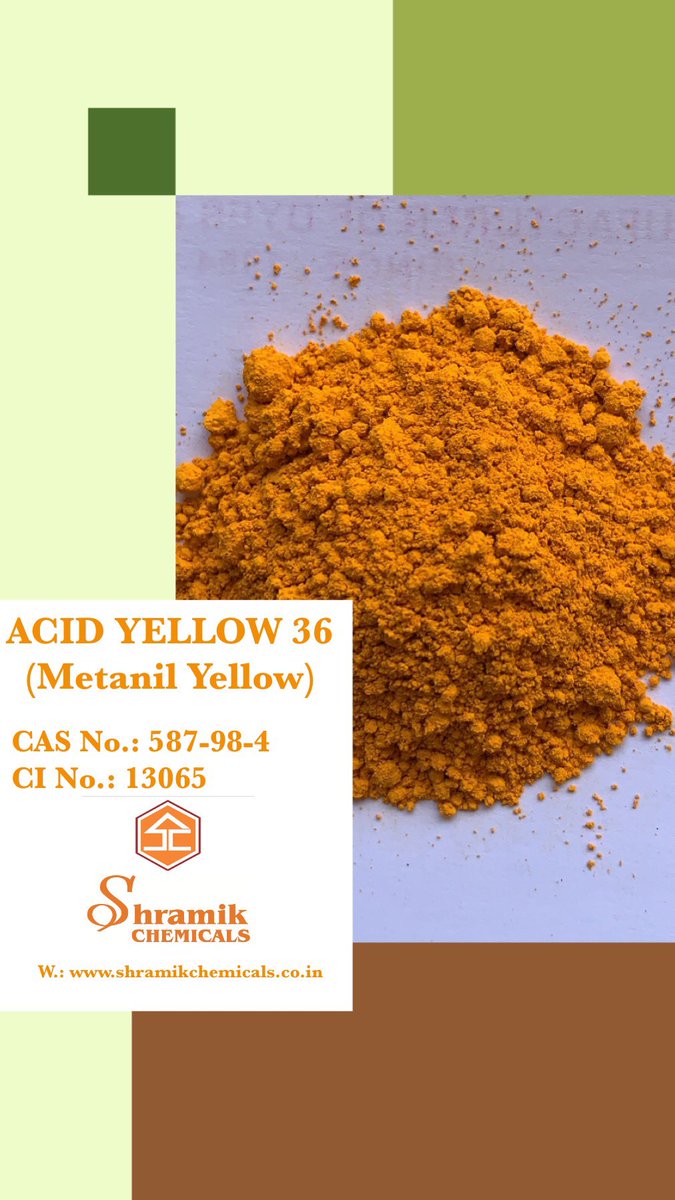 ShramikChem's tweet photo. Product: Acid Yellow 36 (Metanil Yellow) 
CAS No.: 587-98-4
CI No.: 13065 
E.: info@shramikchem.co.in 
W.: https://t.co/uP5zsWekWO 
#Shramikchem #Dyes https://t.co/2SRdihQ3CO