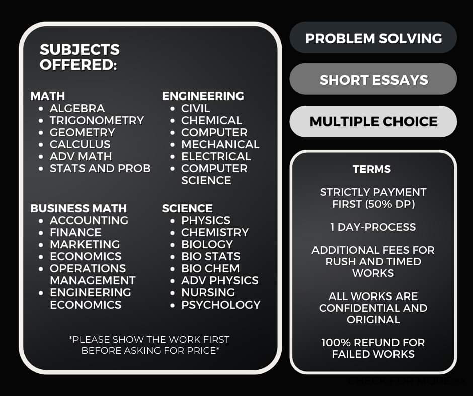 mchkservices's tweet photo. Welcome to Michiko Services.

We Offer Academic Commissions Focusing on Problem Solving and 
Objective-Type School works.

#advancedmath #statistics #probability #discretemath #electricalengineering #computerengineering #operationsmanagement #problemsolving #engineeringeconomics https://t.co/gnHU42wUJP
