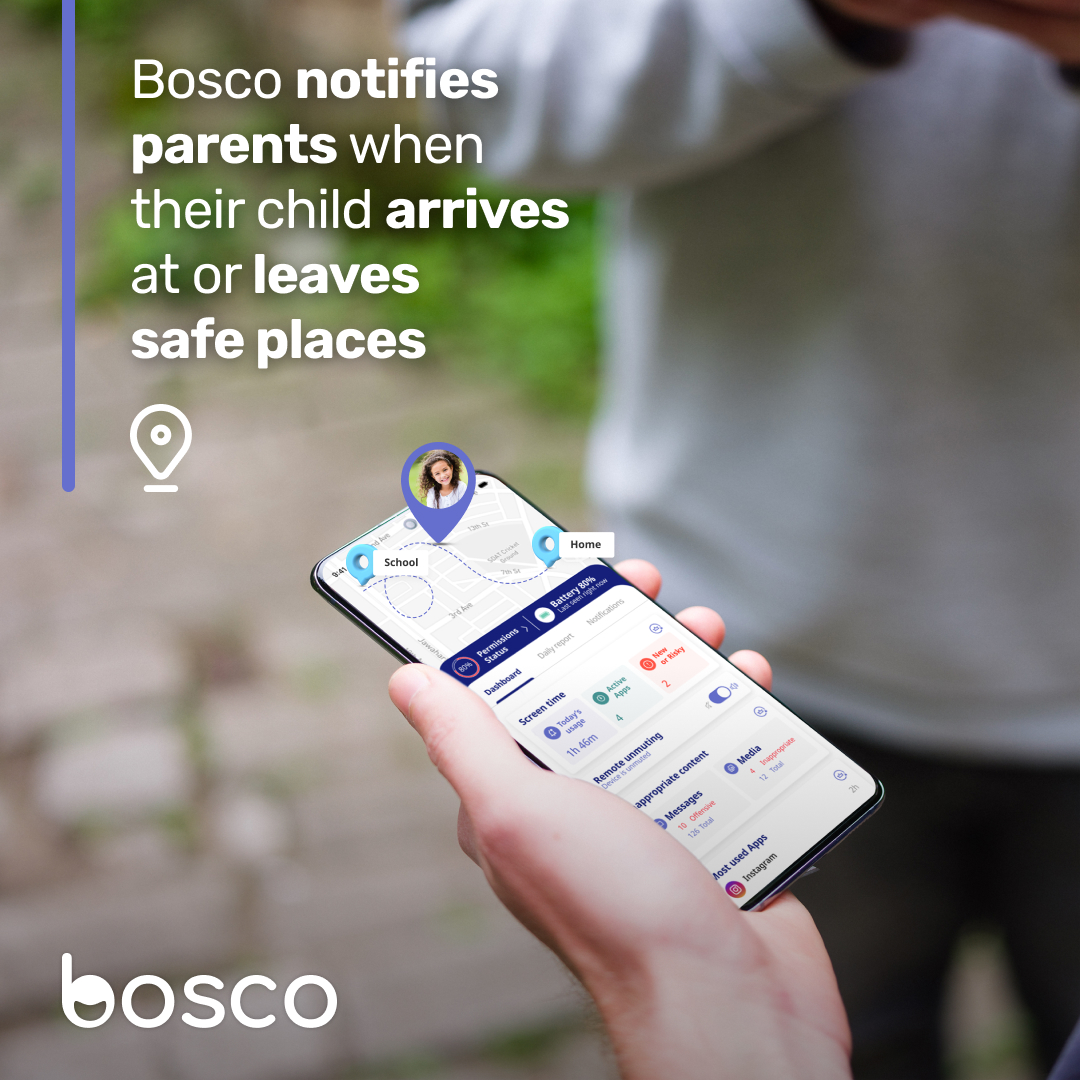 Get live updates when your child arrives at, or leaves safe places like home and school!

Download Bosco today and enjoy peace of mind in knowing where they are > boscoapp.com
#Bosco #BoscoApp #SmartParenting #KeepingKidsSafe #ProtectingKids