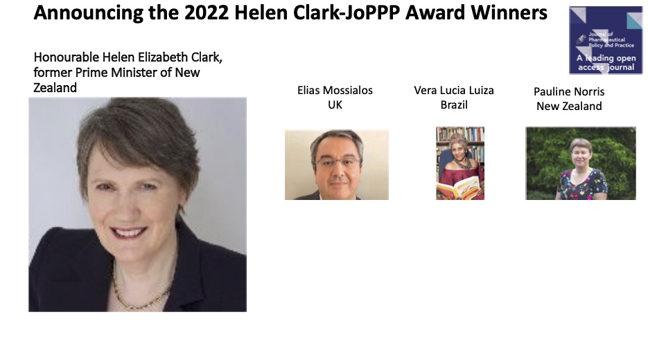We are pleased to announce the winners of the 2022 Helen-Clark-JoPPP Award for Pharmaceutical Policy and Practice Research: 
Elias Mossialos, LSE, UK
Vera Lucia Luiza, Brazil
Pauline Norris, University of Otago, New Zealand
Complete announcement is below
joppp.biomedcentral.com/joppp-award-wi…