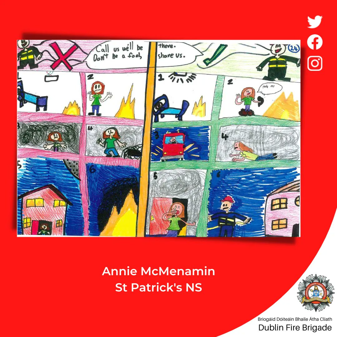 Thanks to Annie McMenamin from St Patrick's NS for this lovely comic strip entry to our fire safety week poster competition. 

Annie points out to us the importance of Smoke Alarms and having a fire plan in place for your home.

#DFB12Days