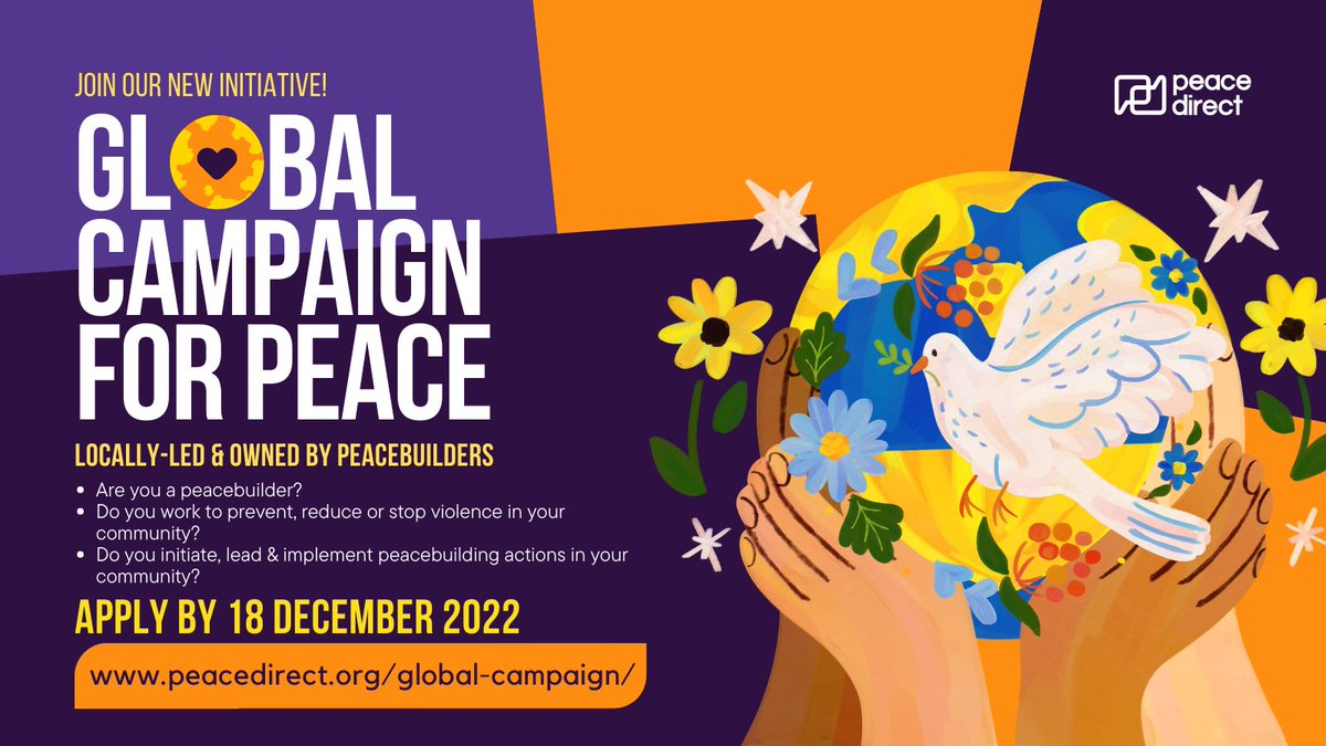 peacedirect's tweet photo. 📅 Only 1 week left to apply to be a Global Campaign co-creator!

8-10 local peacebuilders worldwide will work together to design and lead a global campaign to increase support for local peacebuilding.

Apply by 18 Dec! https://t.co/NhwGMf4SOX

#PDglobalcampaign #locallyled https://t.co/UFKA8Q876s
