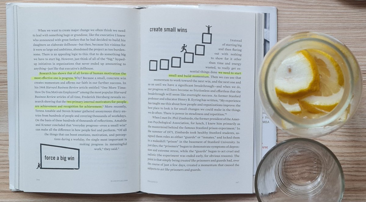 "Research has shown that of all forms of human motivation the most effective one is progress." <a href="/GregoryMcKeown/">Greg McKeown</a> in Essentialism. Q for myself: What's the smallest thing(s) I can do today to make progress? A: Drink more water and plan this week's work leaving times.