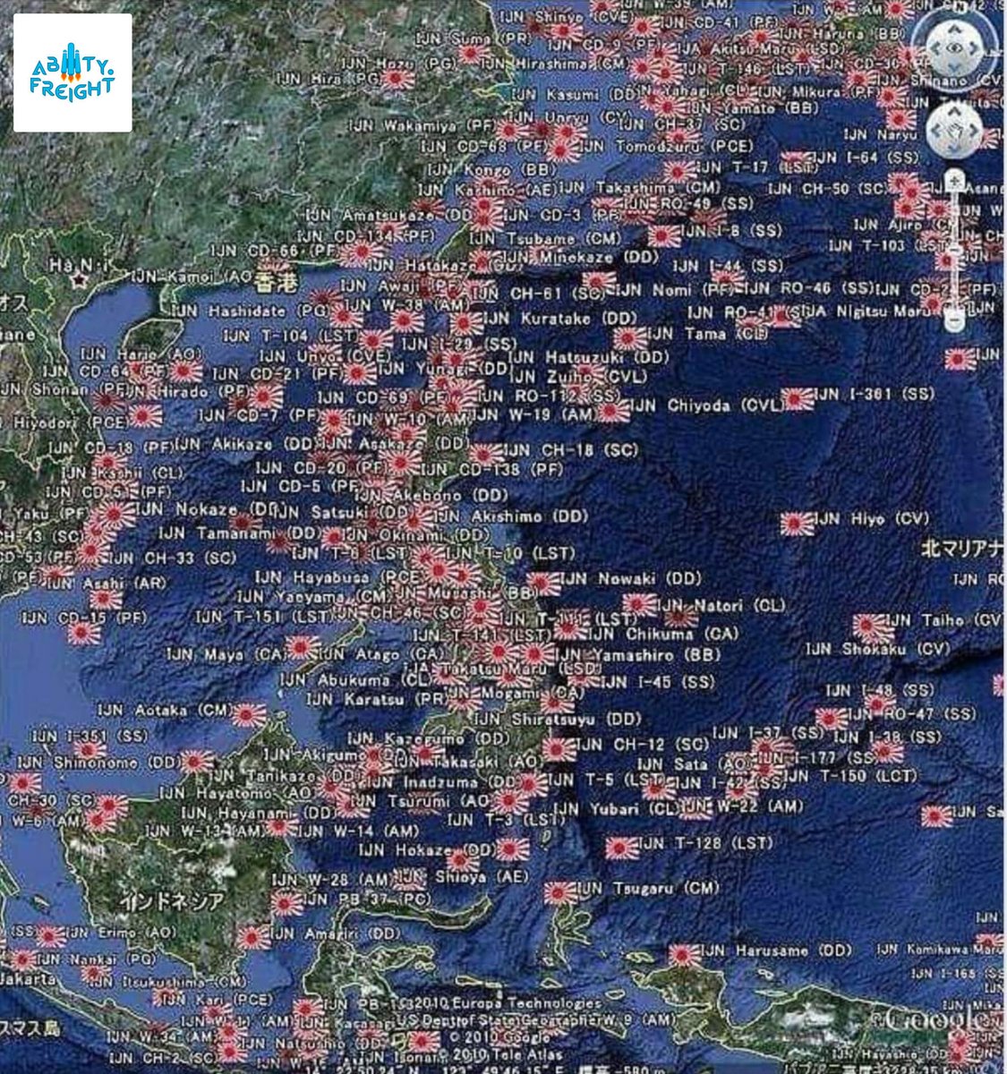 FreightAbility's tweet photo. This map of all of the sunken Japanese ships of WWII is mind blowing.

#Ability_Freight
#We_Are_Ability
#logistics #shipping #freightforwarder #vessel #ship #seafarer #cargo #transportatiin #offshore #sealife #maritime #ship_accident #marinelife #MarineTraffic https://t.co/0Z6vYCm8oo